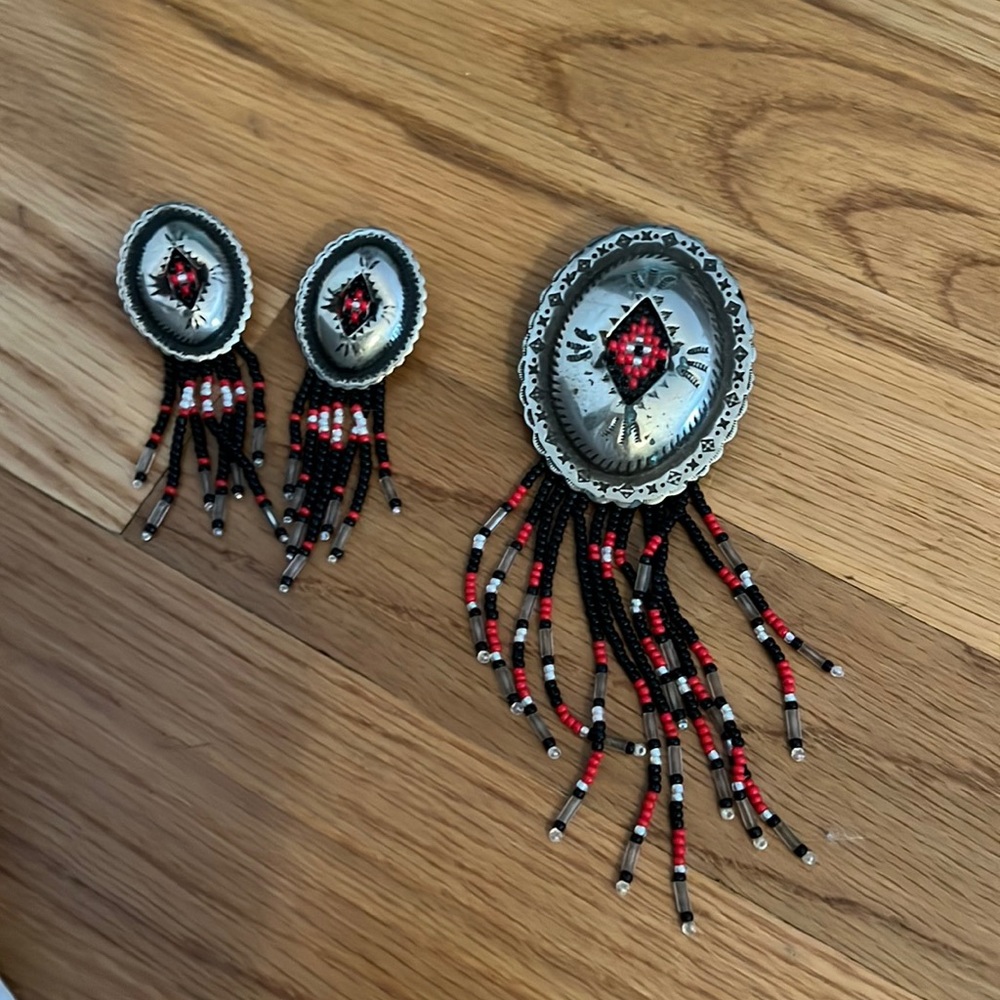 Vintage Sterling silver custom made western earrings and broach.
